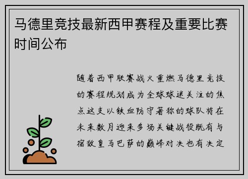 马德里竞技最新西甲赛程及重要比赛时间公布