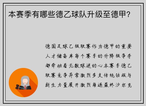 本赛季有哪些德乙球队升级至德甲？